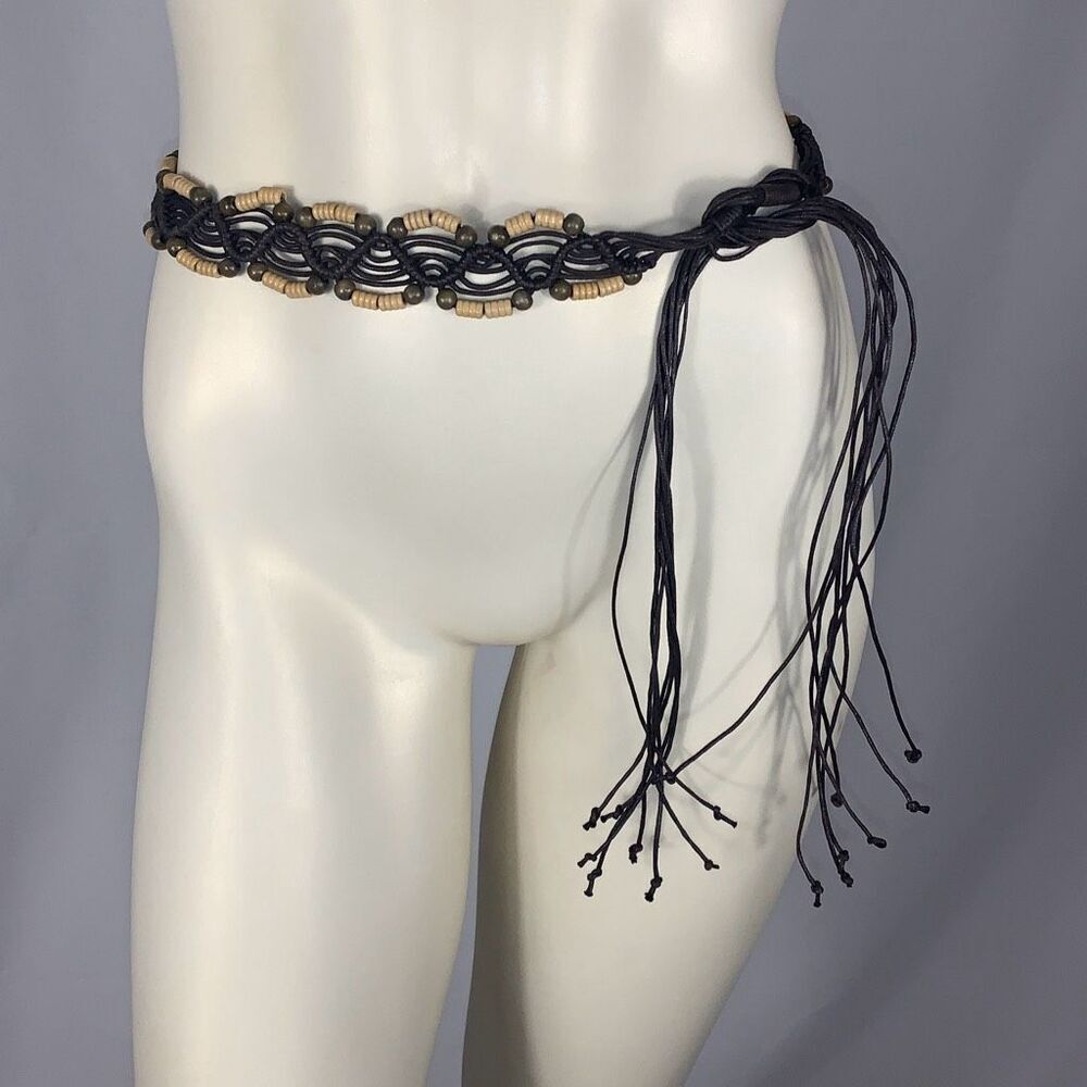 Vintage 00s y2k Woven Macramé Boho Brown Faux Leather Tie Rope Belt with‎ Wooden